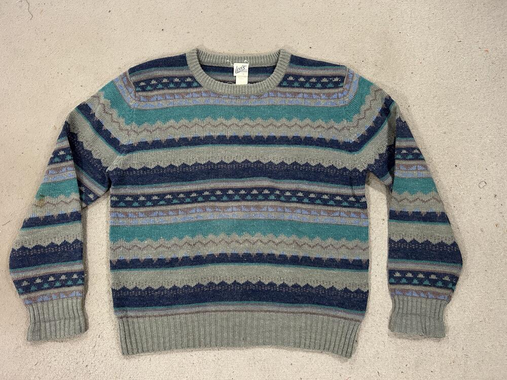Vintage Levi's Sweater Mens Large Gray Blue Green Fair Isle Crewneck 90s Winter